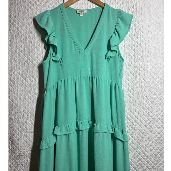 Umgee Women S Emerald Teal Ruffle Tiered Flutter Sleeve Midi Dress - Picture 2 of 7